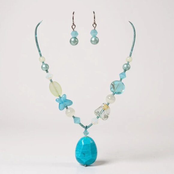 Mutli Blue Glass Bead And Glass Pendant Glass Seed Bead Necklace Earring Set - Picture 1 of 2